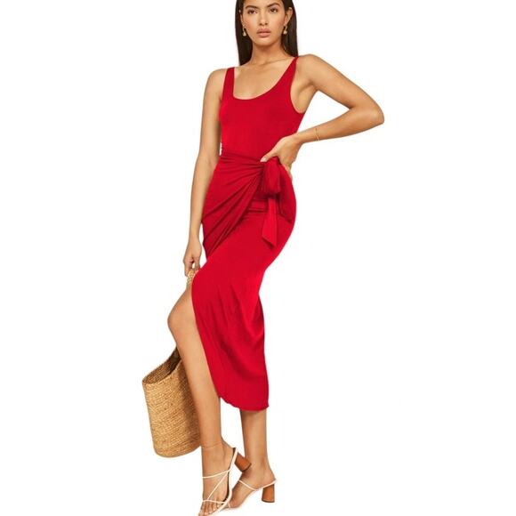 Reformation Jeans Dress Kaila Wrap Tank‎ Midi Women's Size Small Red - Picture 1 of 7